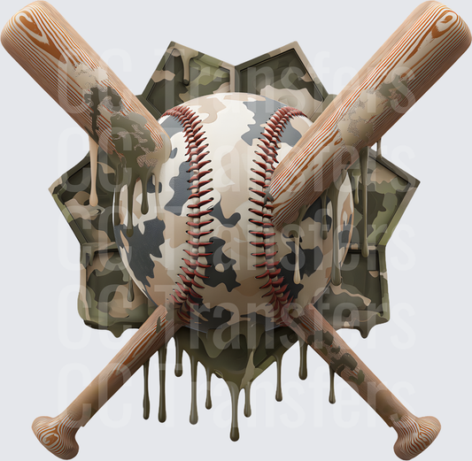 Camo Baseball with Crossed Bats Drip Star Design (DTF)