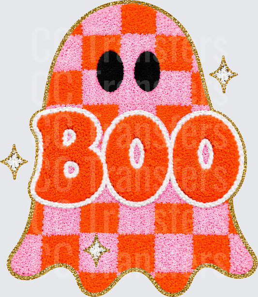 Retro Checkered Ghost BOO Halloween Chenille Patch (DTF)