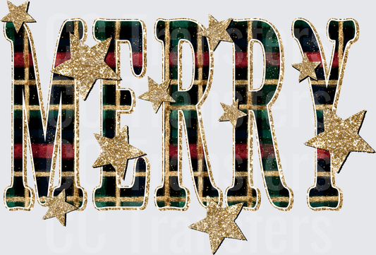 Merry Plaid Gold Glitter Stars Christmas (DTF)