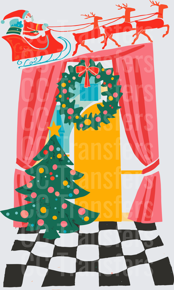 Retro Christmas Window Scene Santa Sleigh Reindeer (DTF)