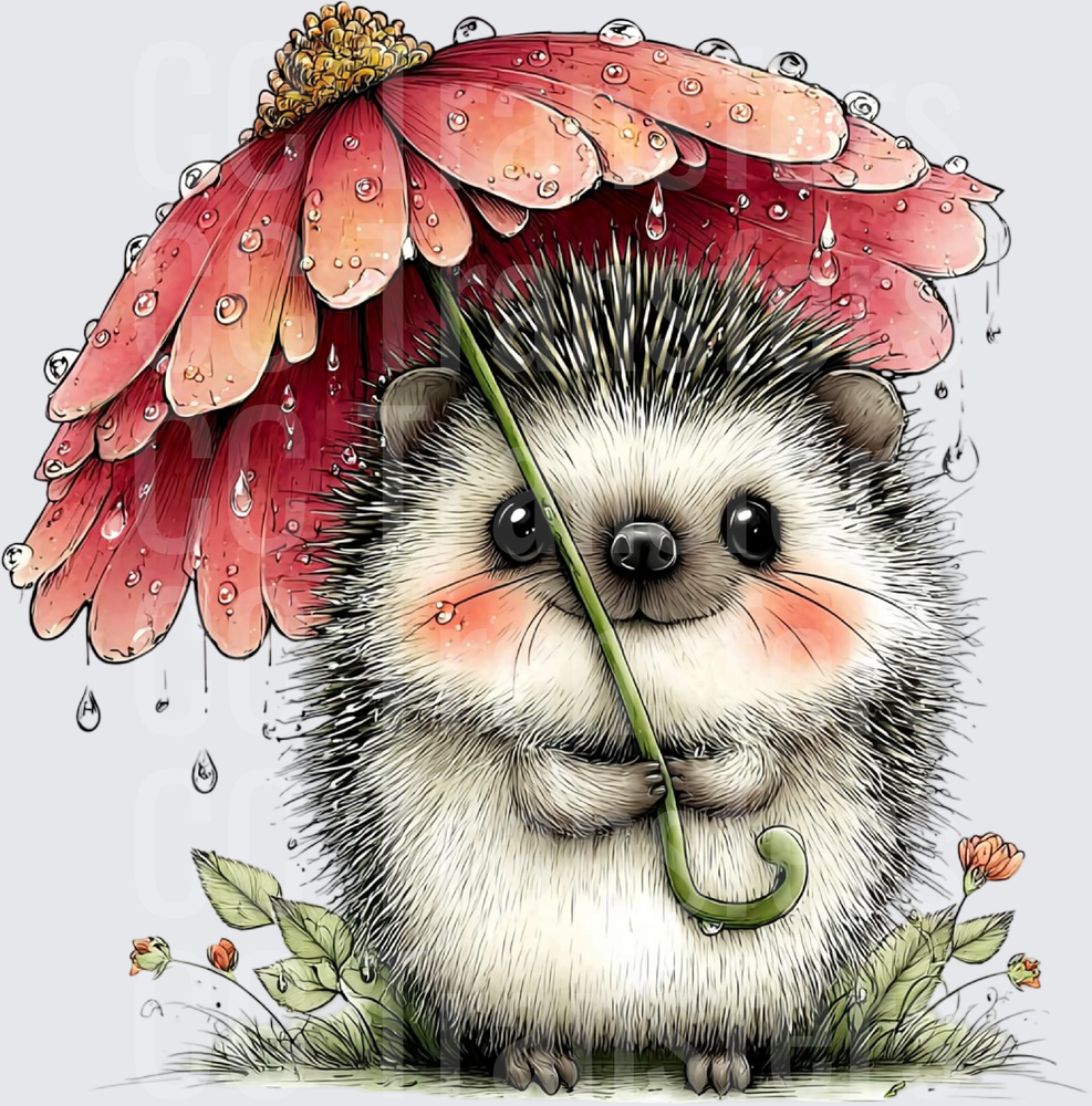 Cute Hedgehog Holding Red Daisy Umbrella in Rain (DTF)