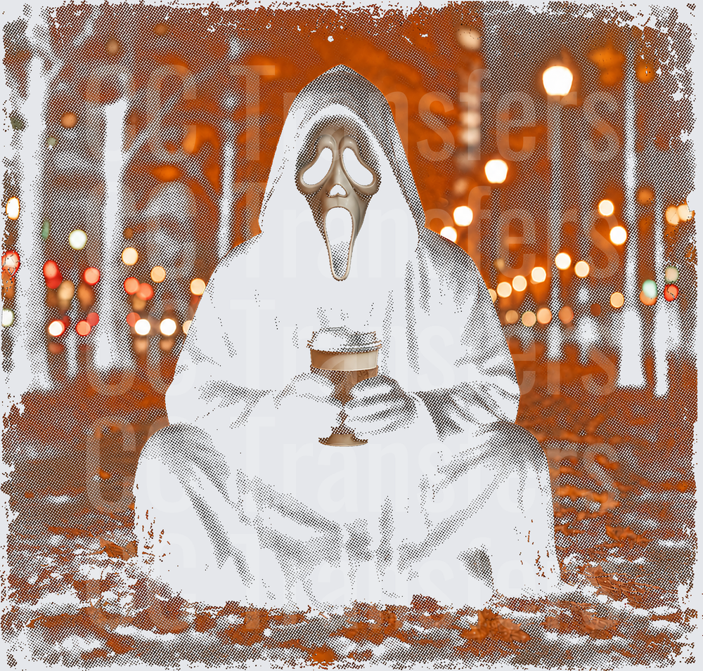 Ghostface Killer Holding Coffee in Autumn Forest (DTF)