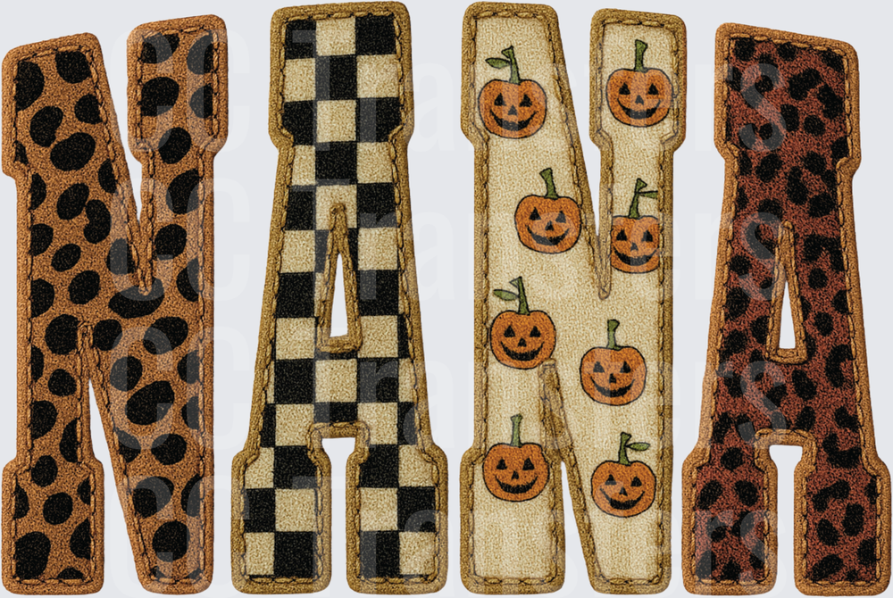 Nana Halloween Patchwork Leopard Checkered Pumpkin Letters (DTF)