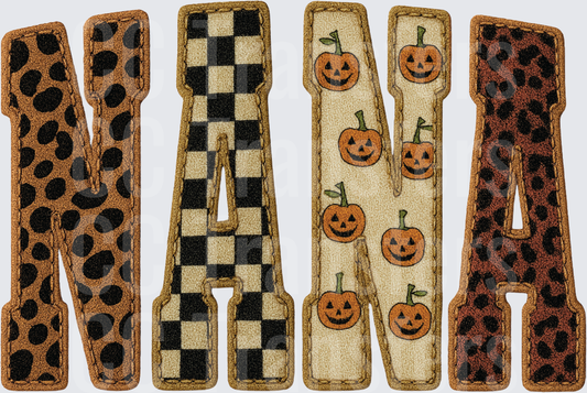 Nana Halloween Patchwork Leopard Checkered Pumpkin Letters (DTF)