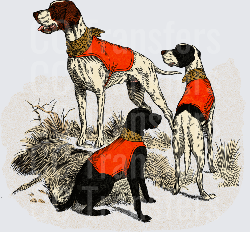 Vintage Hunting Dogs in Red Vests Outdoor Scene (DTF)