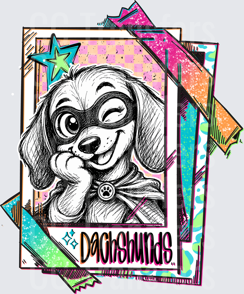 Cute Dachshund Winking Sketch Polaroid Retro Pop Art (DTF)