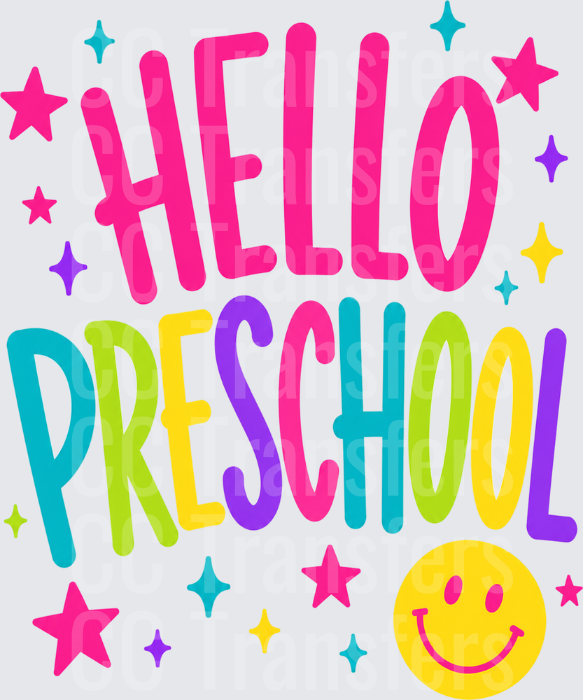 Hello Preschool Colorful Bold Text Smiley Stars (DTF)
