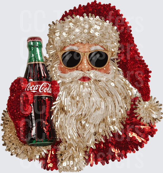 Sequin Santa Claus With Sunglasses Holding Soda Bottle (DTF)
