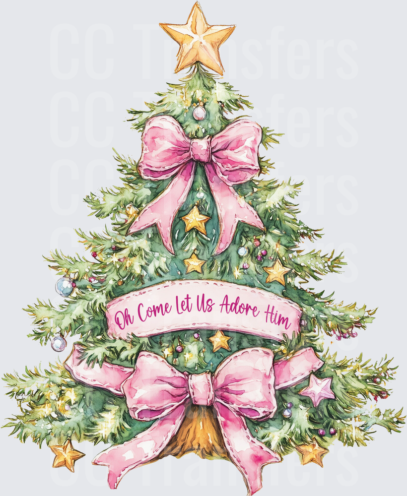 Watercolor Christmas Tree Pink Bows Oh Come Let Us Adore Him (DTF)