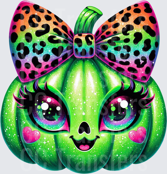 Neon Green Glitter Pumpkin with Rainbow Leopard Bow (DTF)