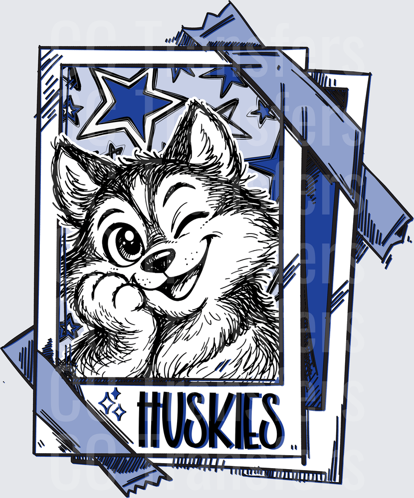 Winking Husky Mascot Blue Stars Card Frame Huskies DTF