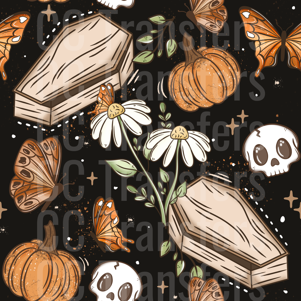 Spooky Halloween Coffins Skulls Pumpkins Butterflies (DTF)