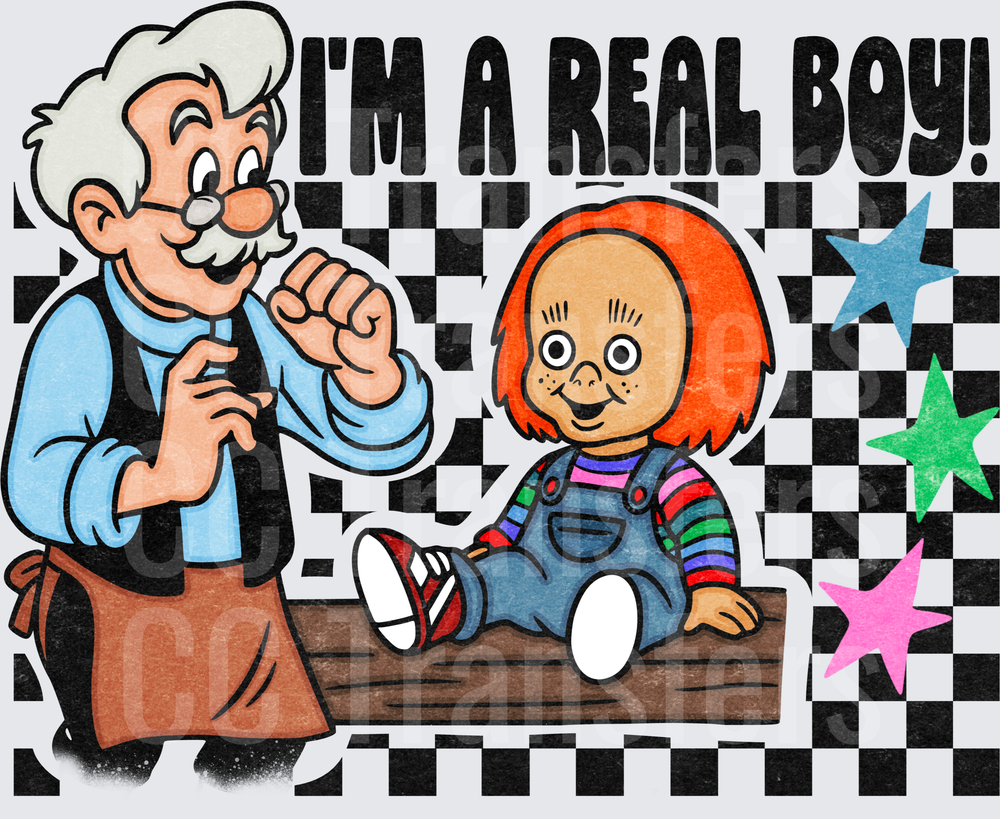 I'm A Real Boy Horror Doll Toymaker Checkered (DTF)