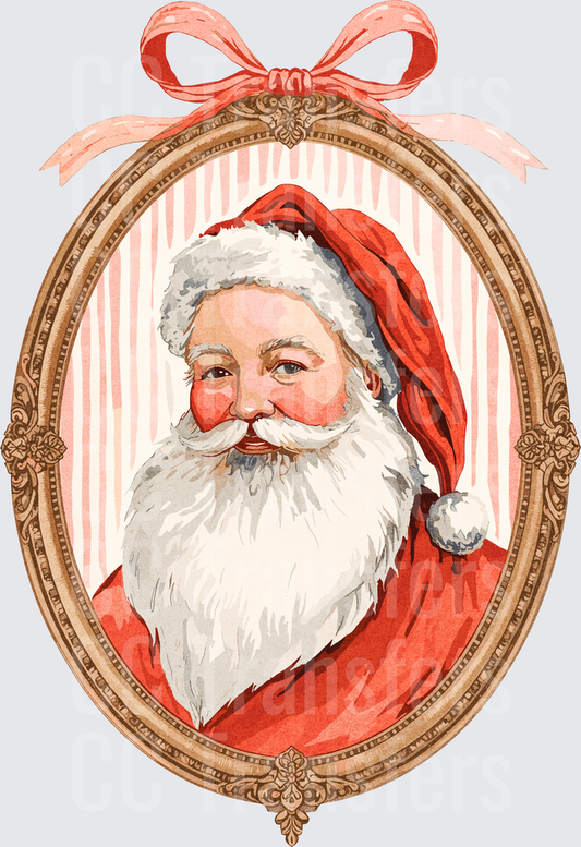 Vintage Santa Portrait Oval Frame Pink Bow (DTF)
