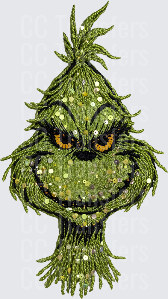 Glittery Green Grumpy Holiday Creature Face Embroidery (DTF)