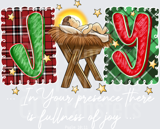 JOY Baby Jesus Manger Nativity Plaid Christmas Stars (DTF)