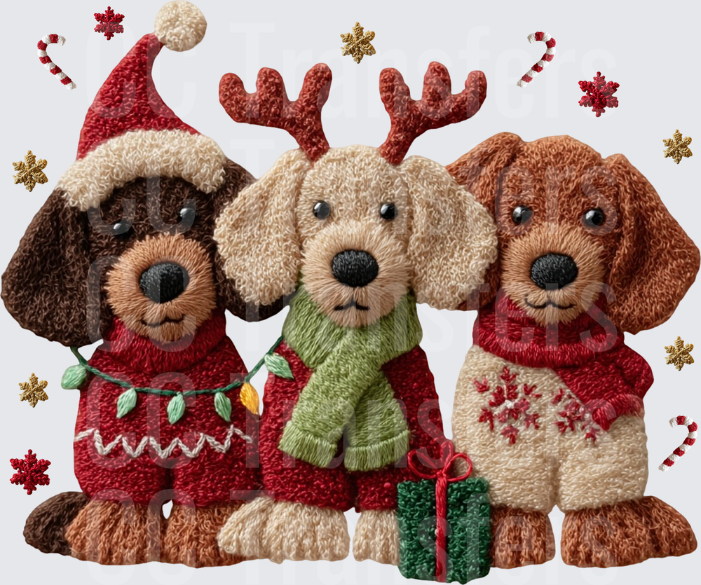 Three Christmas Puppies Embroidery Style Holiday Dogs (DTF)