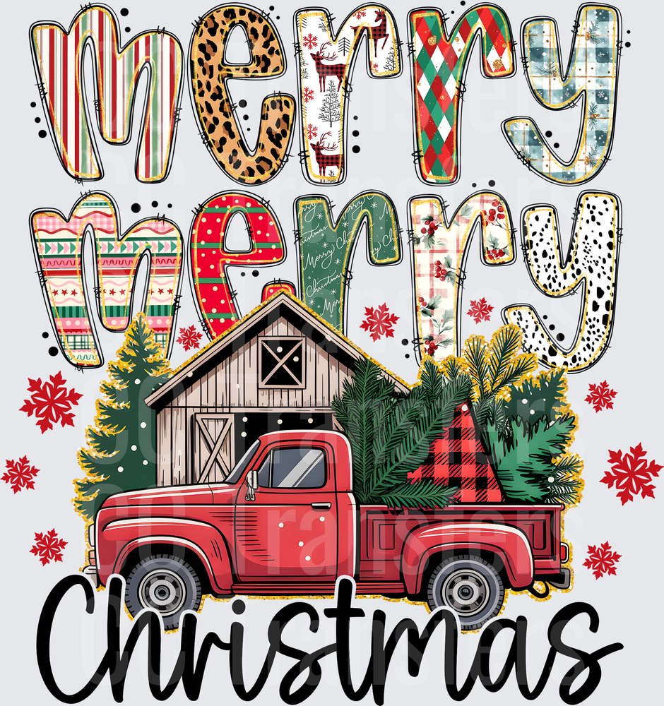 Merry Merry Christmas Patchwork Lettering Red Truck Barn (DTF)