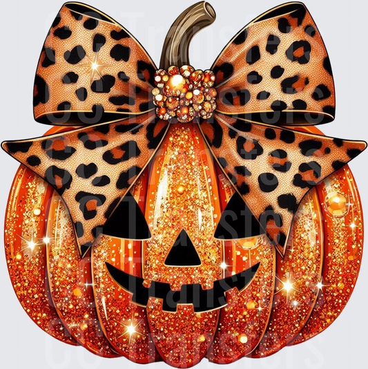 Glitter Jack-O-Lantern with Leopard Print Bow (DTF)