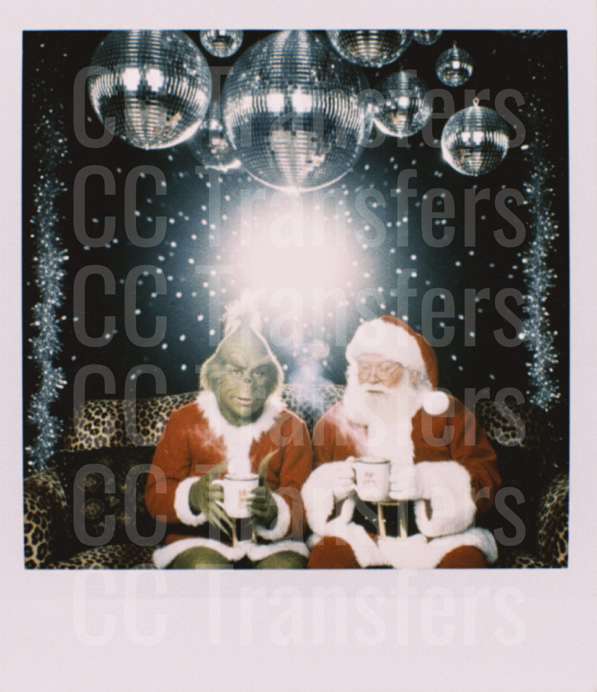 Grinch and Santa Sipping Cocoa Disco Ball Polaroid (DTF)