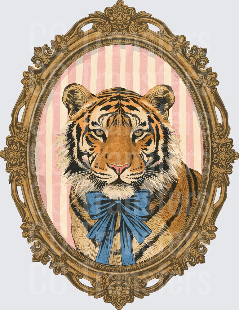 Regal Tiger Portrait Blue Bow Ornate Gold Frame (DTF)