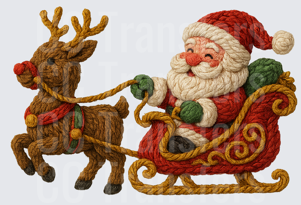 Embroidered Style Santa Claus Riding Sleigh with Reindeer (DTF)