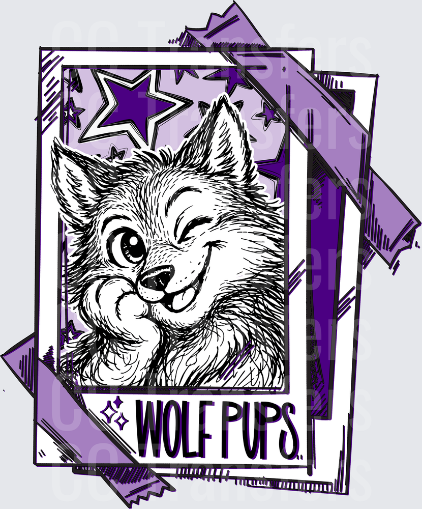 Winking Wolf Pup Framed Card Purple Stars DTF