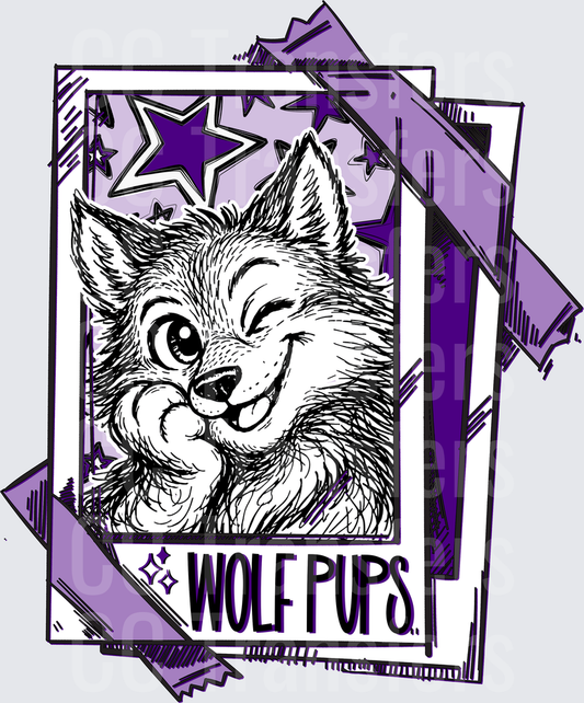 Winking Wolf Pup Framed Card Purple Stars DTF