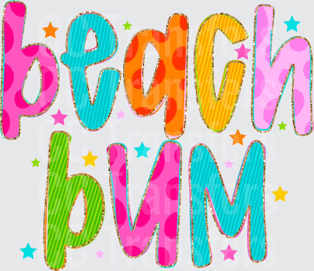 Colorful Patterned Beach Bum Glitter Text with Stars (DTF)