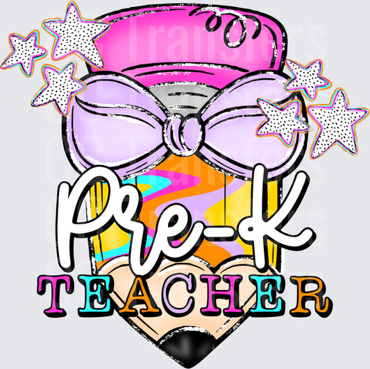 Pre-K Teacher Bowtie Pencil Stars Colorful (DTF)