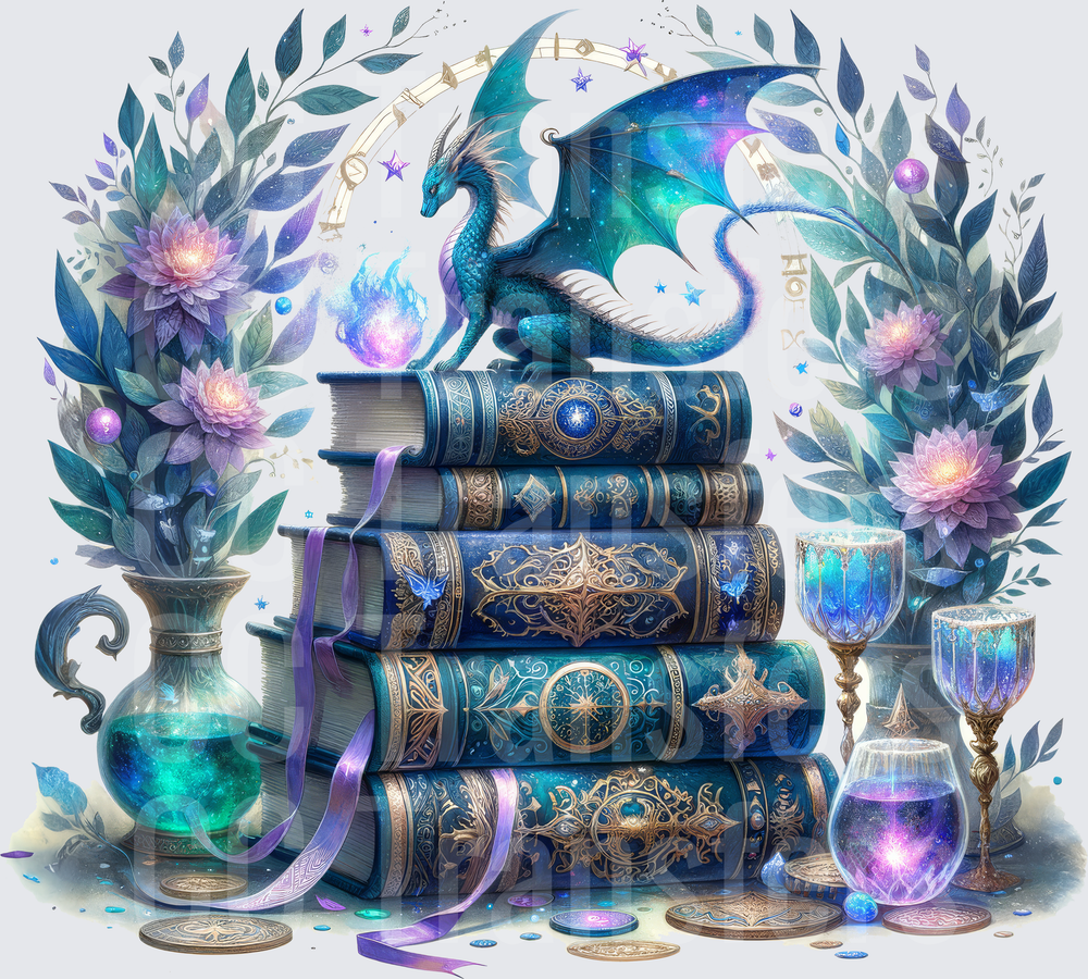 Teal Dragon Perched on Enchanted Book Stack (DTF)