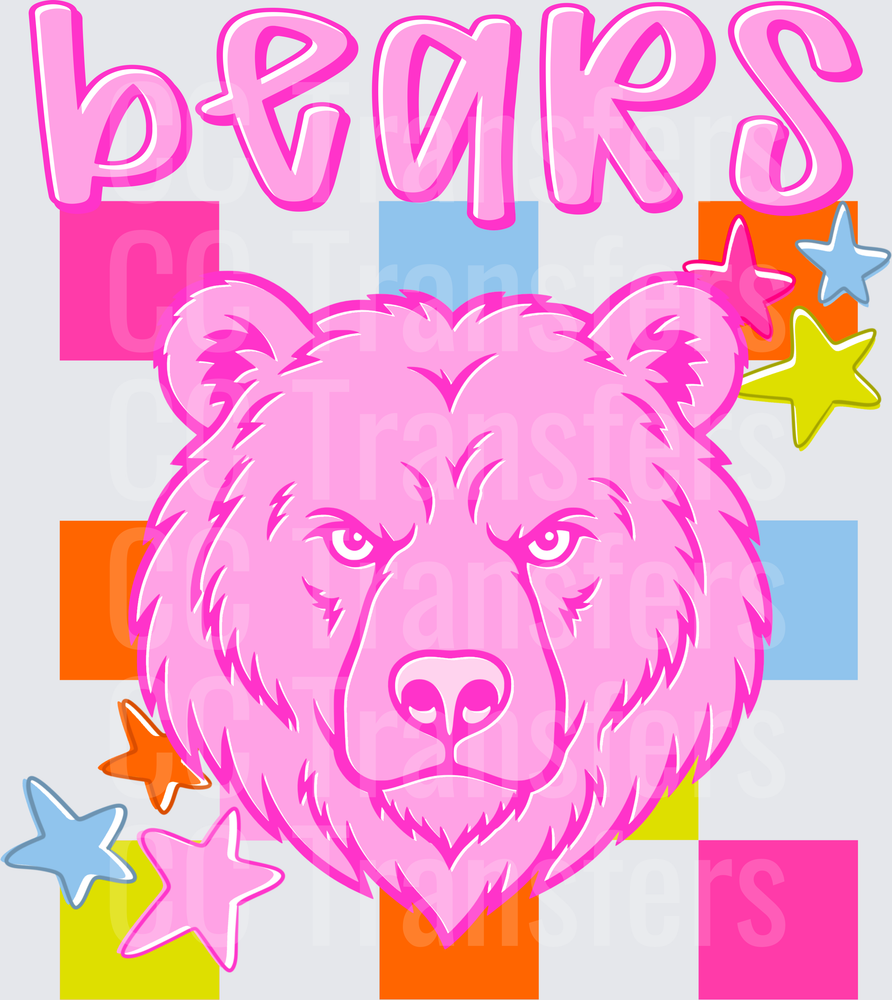 Pink Bear Head Colorful Checkered Stars Bears Text (DTF)