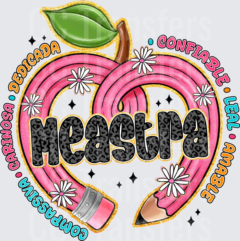 Maestra Leopard Print Pink Pencil Apple Floral Spanish (DTF)