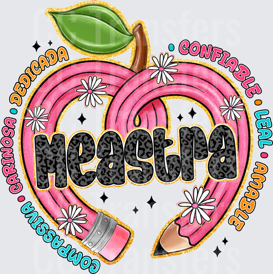 Maestra Leopard Print Pink Pencil Apple Floral Spanish (DTF)
