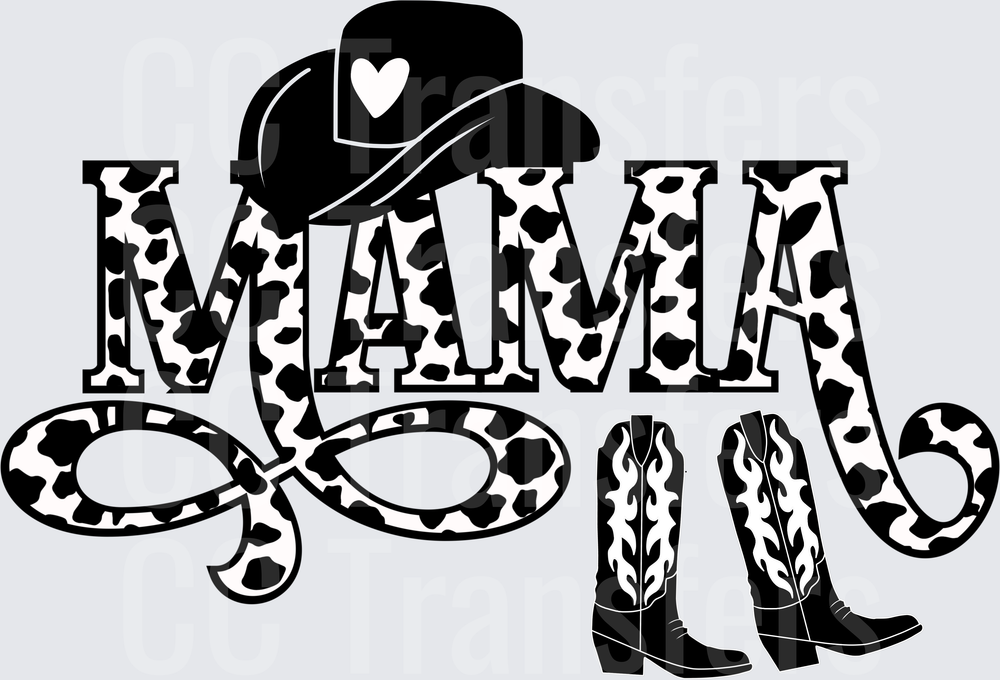 Mama Cow Print Cowboy Hat Boots Lasso Western (DTF)