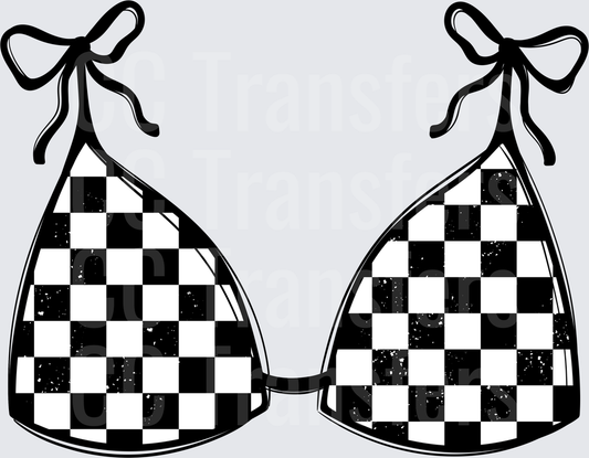 Black White Checkered Bikini Top Tie Bow Distressed (DTF)