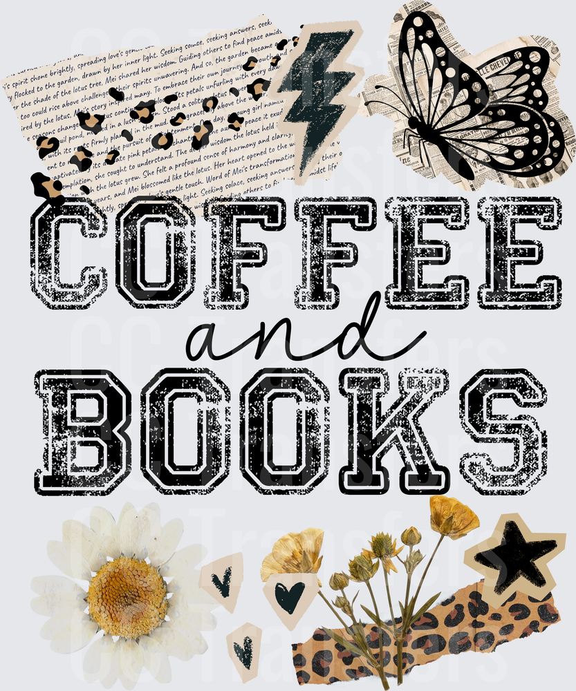 Coffee and Books Distressed Boho Collage Design (DTF)