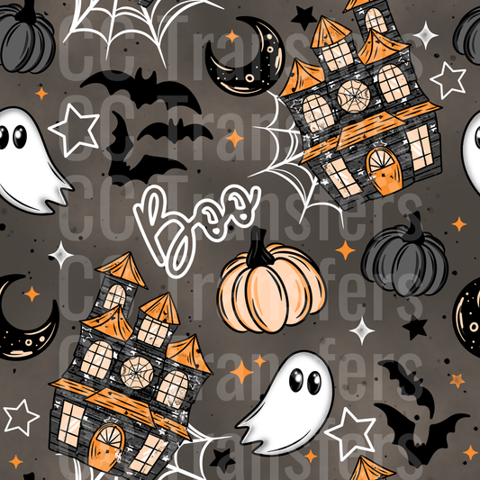 Halloween Boo Haunted House Ghost Bat Pumpkin Pattern (DTF)