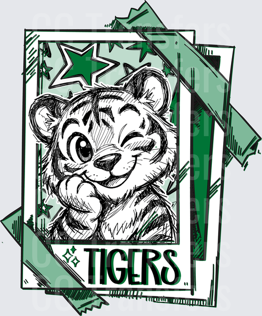 Cute Cartoon Tiger Cub Sketch Green Stars Tigers (DTF)