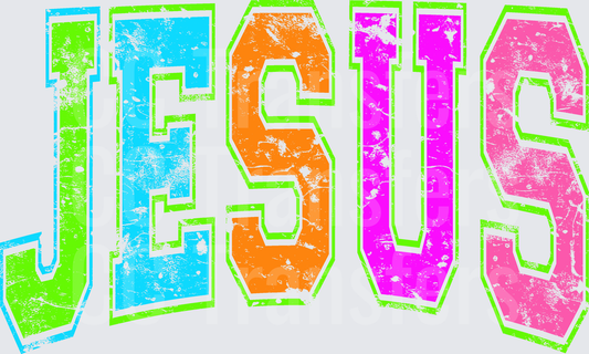 Neon Grunge Varsity Jesus Bold Colorful Letter Design (DTF)