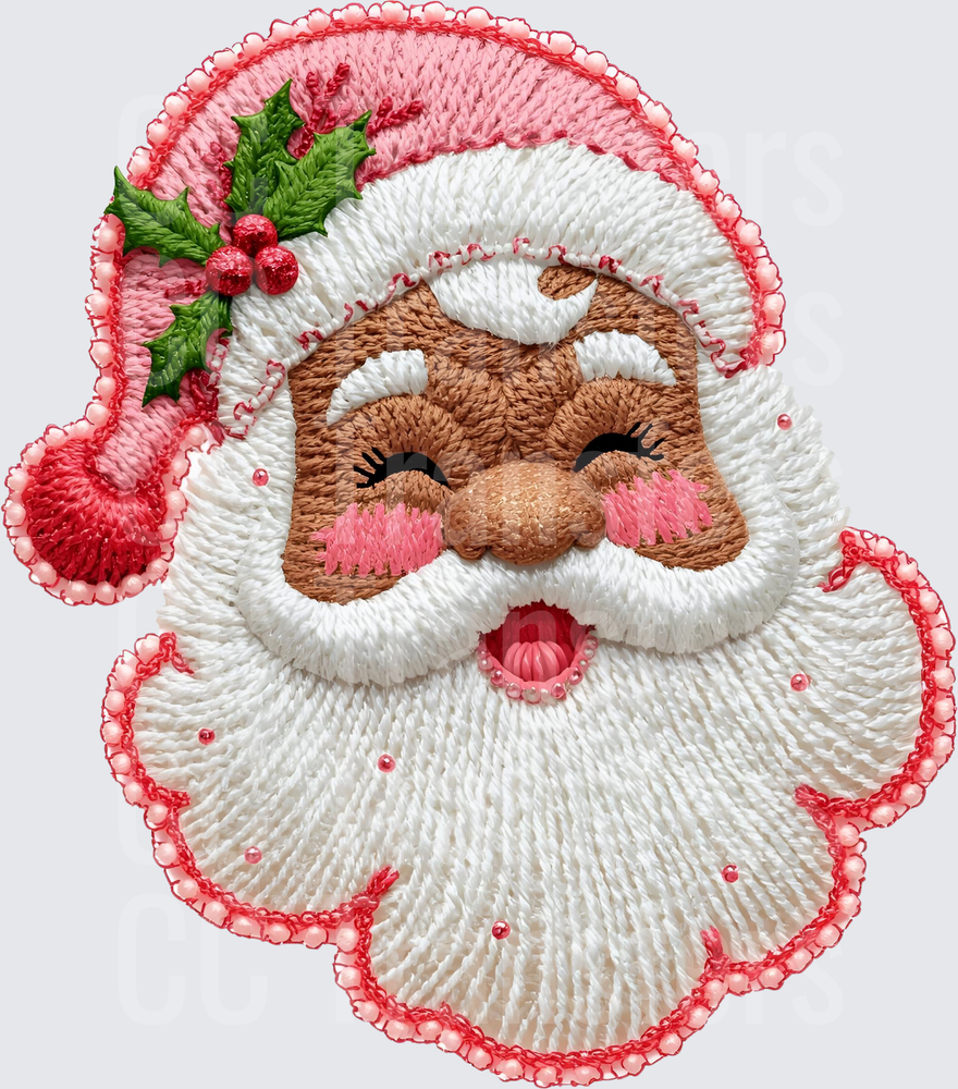 Embroidered Style Jolly Santa Face with Holly Hat (DTF)