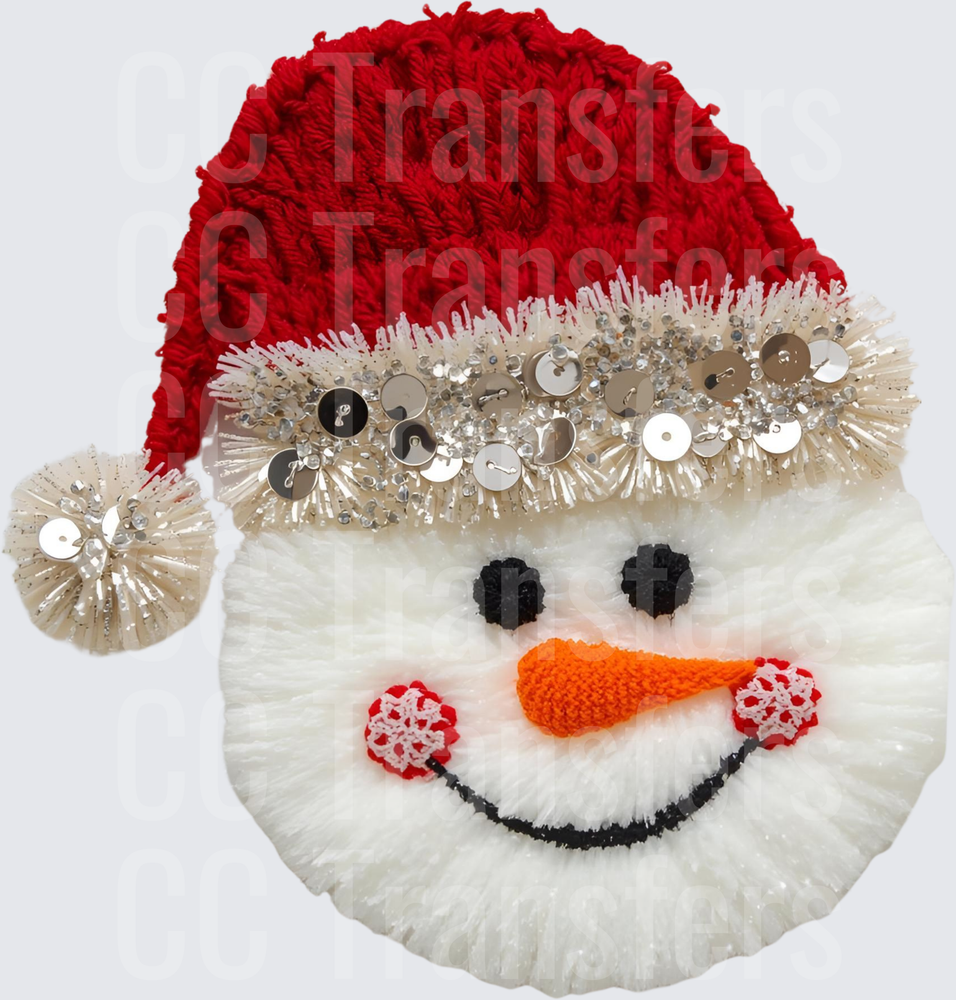Fluffy Yarn Snowman Face Red Santa Hat Sequin Trim (DTF)
