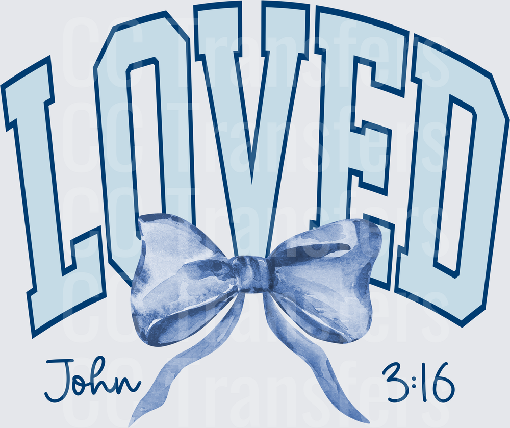 Loved Arched Varsity Letters Blue Watercolor Bow John 3:16 (DTF)