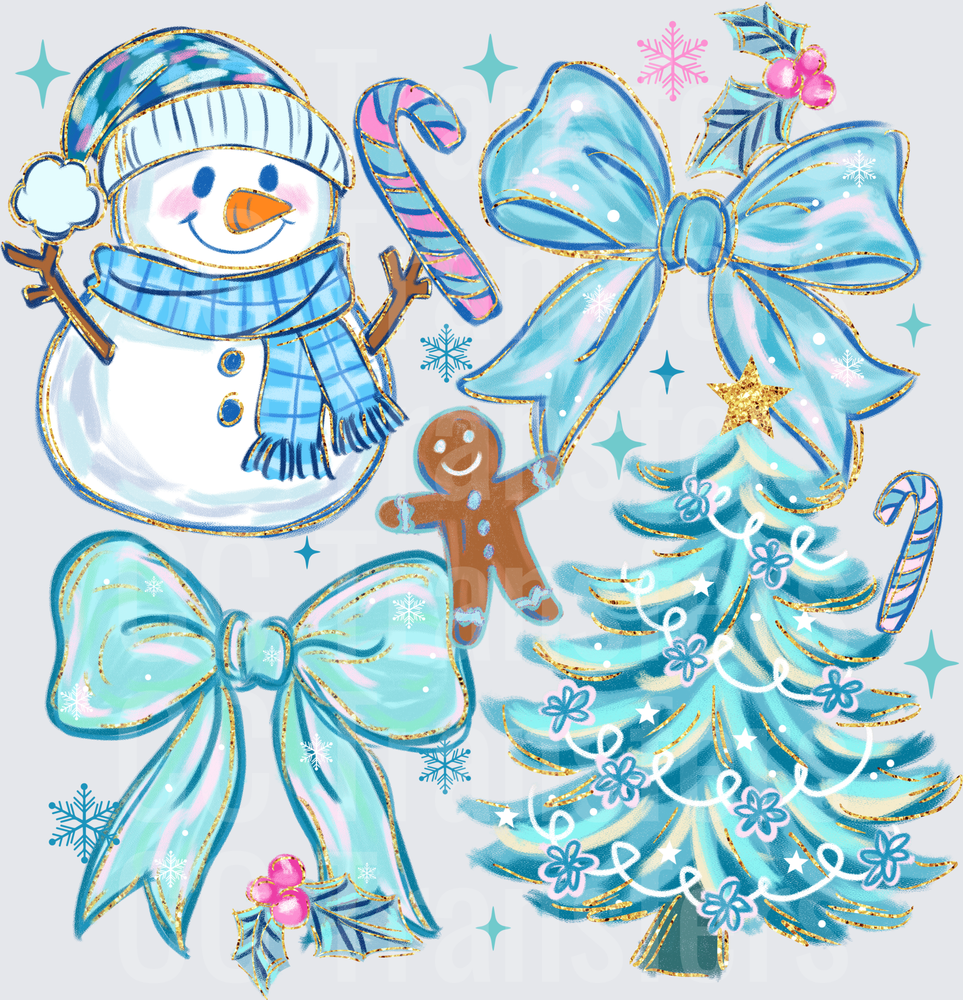 Teal Christmas Collage Snowman Bows Gingerbread Tree (DTF)