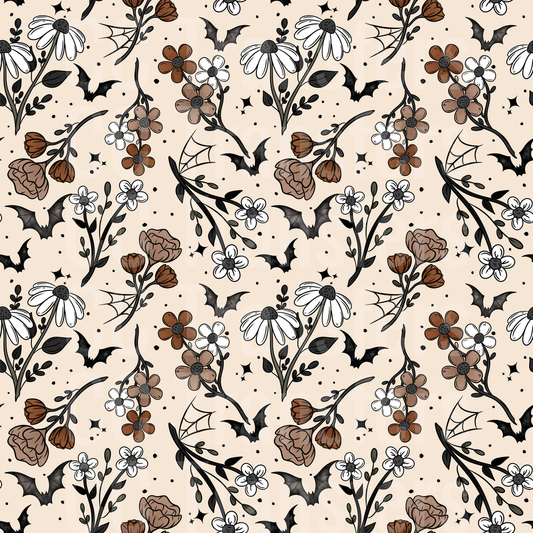 Gothic Floral Bat Scatter Pattern Beige Background (DTF)