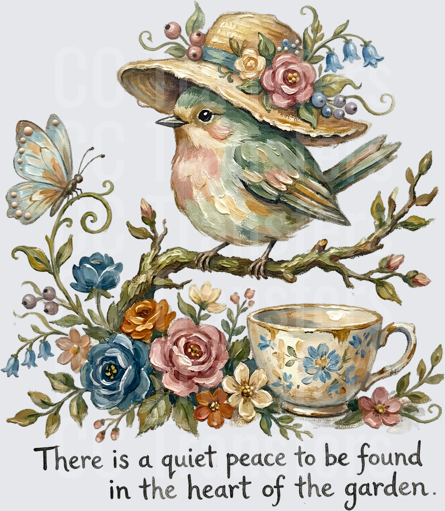 Cottage Bird in Floral Hat Garden Tea Cup Quote (DTF)