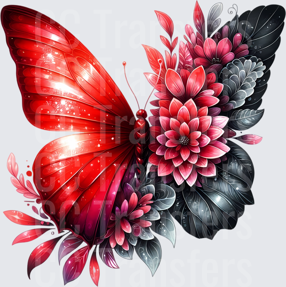Red Butterfly Floral Dahlia Dark Leaves Sparkle Design (DTF)