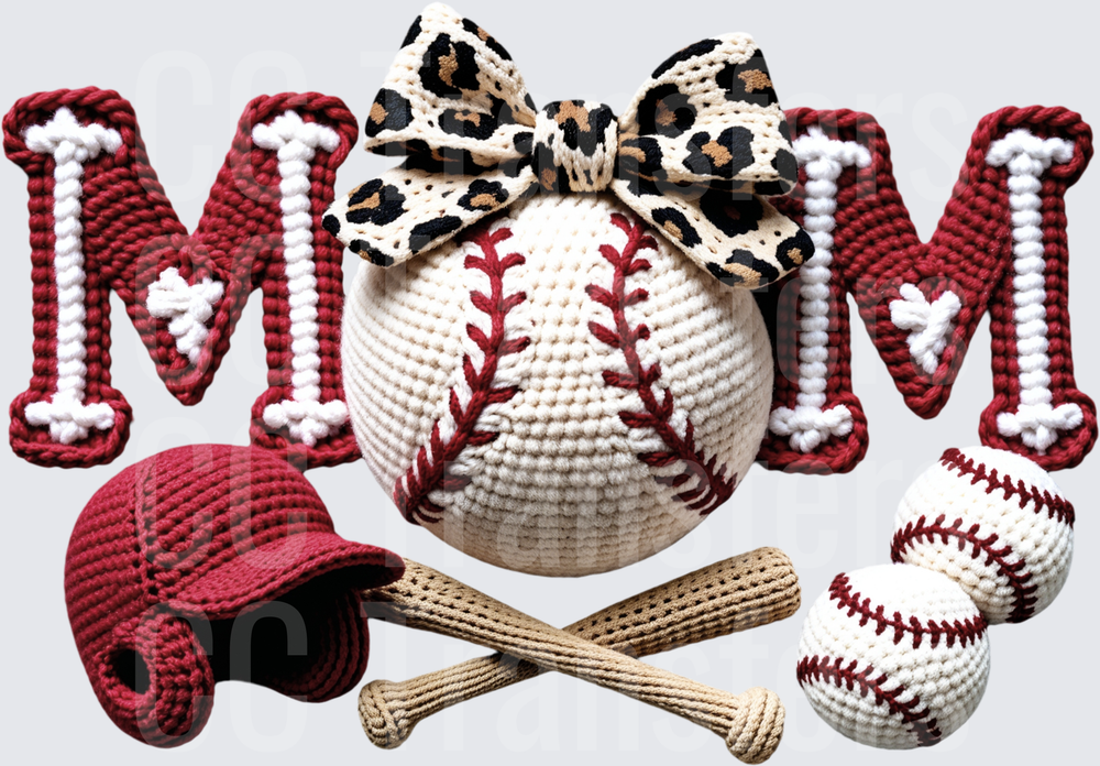 Crochet Baseball Mom Leopard Bow Helmet Bats Design (DTF)