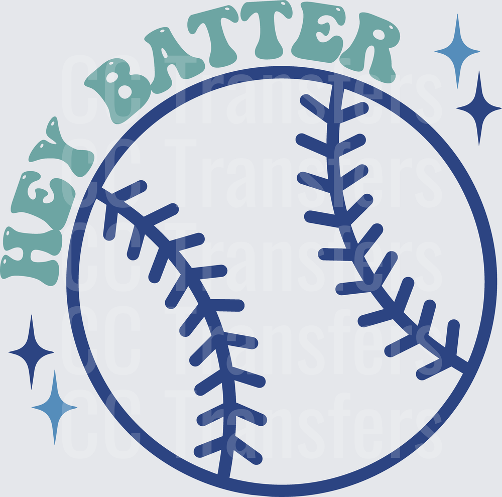 Hey Batter Baseball with Sparkles Blue Retro (DTF)