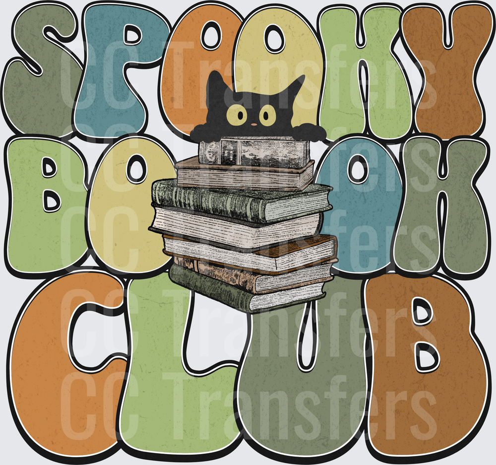 Spooky Book Club Black Cat Stacked Books Retro Groovy (DTF)
